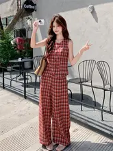 レトロな赤チェックのノースリーブベストとワイドパンツ【夏用・文芸風・スタイリッシュ】（セットアップ対応）