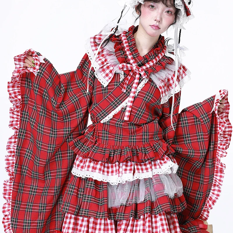 昭和風レトロデザインの可愛い和風少女用トップス：赤チェック柄の防紫外線系带浴衣
