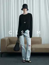 CEST M イタリアンスタイル ダメージ加工ストレートデニムパンツ【レディース・ハイウエスト・カジュアル】