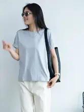 夏季通勤用 レディース 緩やかフィット 無地 Tシャツ【霧のようなブルー・クルーネック・薄手】