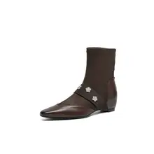 レトロデザインの本革エラスティックショートブーツ【早秋用・ふわりとした履き心地・スリムフィット】