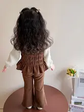女児用シャツ風トップスとフレアパンツ【春のカジュアルファッション・デザイン性あり】（セットアップ対応）