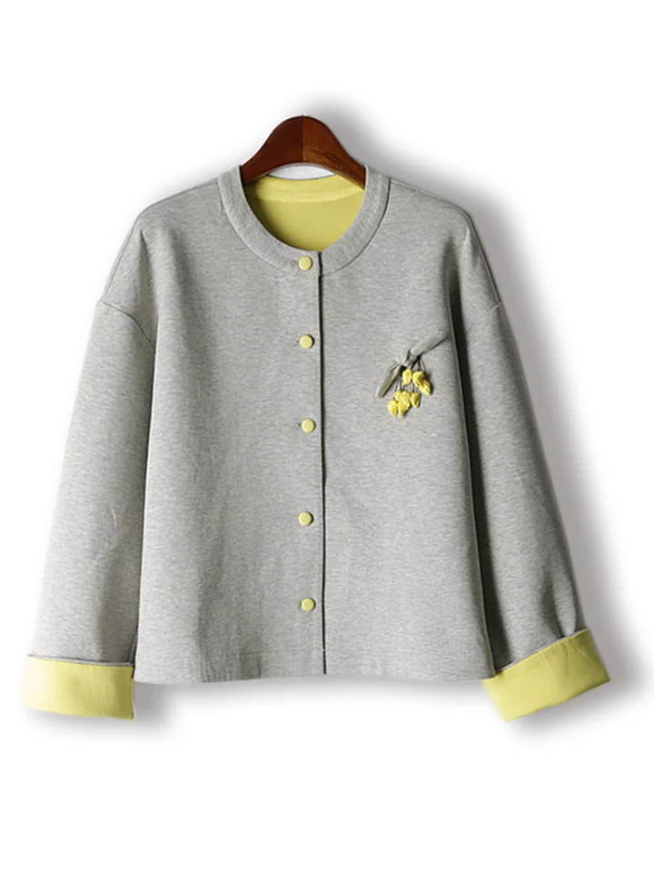 パフスリーブデザインのラウンドネックカラーブロックジャケット【長袖・カジュアルコーディネートに最適】