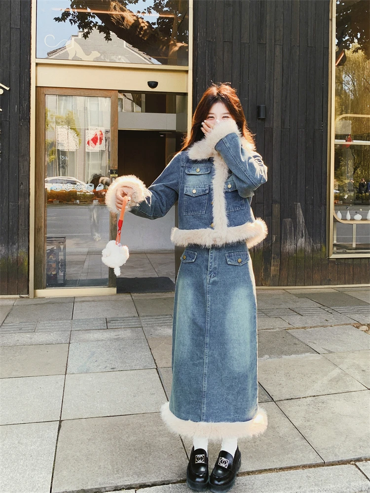 厚手保温デニムボアトップスとスカート：冬用女性向けの高級感デザインセットアップ