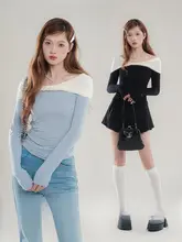 ビビッドカラーのリボン付きオフショルダー長袖Tシャツ【フィット感・秋用】