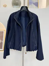 カジュアルショートデニムジャケット【チェック柄袖・ゆったりシルエット・立ち襟】（セットアップ対応）