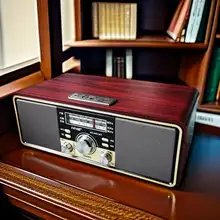 ヴィンテージ木製デスクトップラジオ【Bluetoothスピーカー・カードスロット付・三波対応】