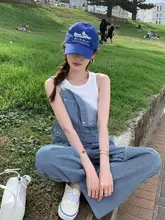 レトロスタイルのストライプデザインデニムサロペットパンツ【広めのポケット・女性用】