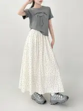 ポルカドットのロングスカート【春夏用・体型カバー・ミディアムウエスト・レディース】（セットアップ対応）