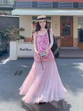 粉色フラワープリントキャミソールトップスとチュールスカート【春夏用・柔らかなスタイル・セットアップ対応】