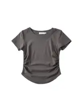サイドギャザー入りショートスリーブTシャツ【グレー・露出デザイン・夏用・フィット感】
