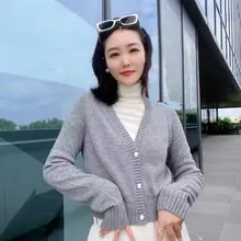 レトロVネック長袖短丈キャッシュミーアウター【秋用・柔らかいニット】