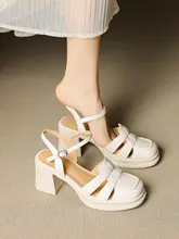 白色の太めヒールマリジェーンサンダル【編みデザイン・真皮・夏用】