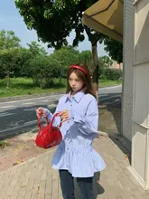 デザイン性のある青いストライプの長袖シャツ【ウエストゴム・女性用・秋用】