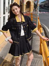 学院風デザインのデニムトップス【襟付き・大人可愛い・百褶スカート・春秋用】（セットアップ対応）