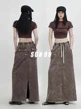 SUN90 レディースヴィンテージ風ストリートスタイルロングスカート【ウエストゴム・ドローストリング・ウォッシュ加工】
