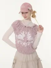 春夏デザインのウサギプリントニットTシャツ【ドロップショルダー・短袖】