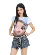カートゥーンデザインのラウンドネックショートスリーブTシャツ【レディース・夏用・かわいい・トレンド】