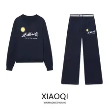 長袖ラウンドネックのバイカラースウェットと中腰パンツ【女性用・春季新作】（セットアップ対応）