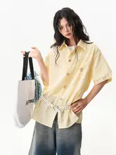 ボタン付きバブルファブリックシャツ【チェック柄・男女兼用・半袖】（セットアップ対応）