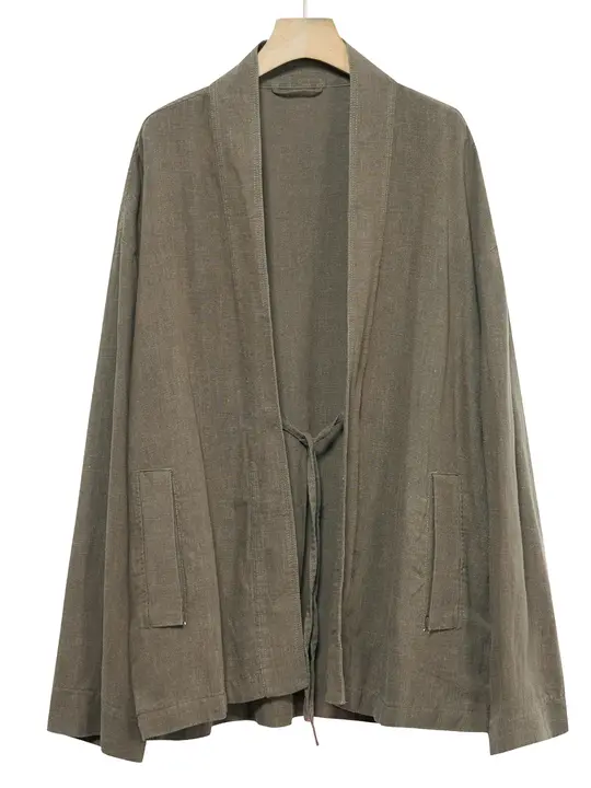 デザイナーによる秋にぴったりの中長丈リネン風道袍カーディガン【レトロ国風・緑褐色】
