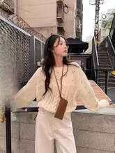 清新デザインの透かし編みツイストニットセーター【長袖・丸首・女性用】（セットアップ対応）