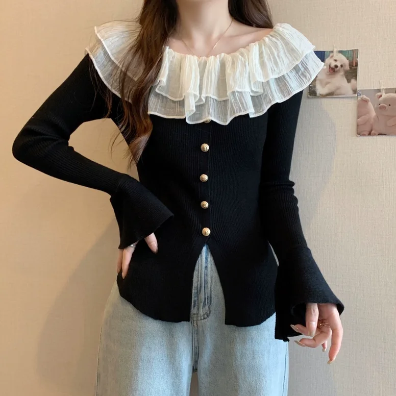 デザイン性のあるフリル袖ニットセーター【春秋用・遅延丈・体型カバー】