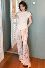 竹の葉プリントのワイドレッグパンツ【極上の柔らかさ・夏用・女性用】（セットアップ対応）