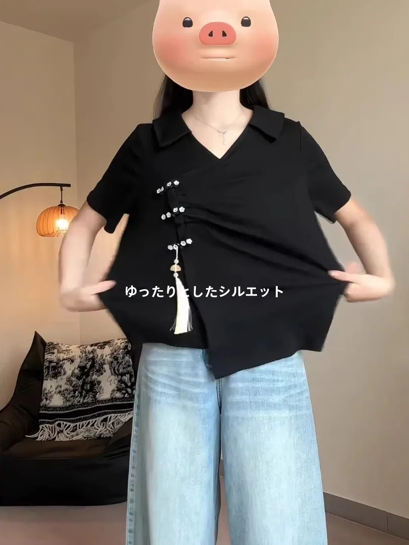 つけ襟 黒：新中式デザインの黒色コットンTシャツの実用性とファッションマッチング