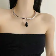 水滴型黒曜石のシンプルなペンダントネックレス【女性用・おしゃれ・軽量】