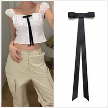 黒のリボン付きレトロデザインの長い飾りバンド【フレンチスタイル・学院風・女性用】