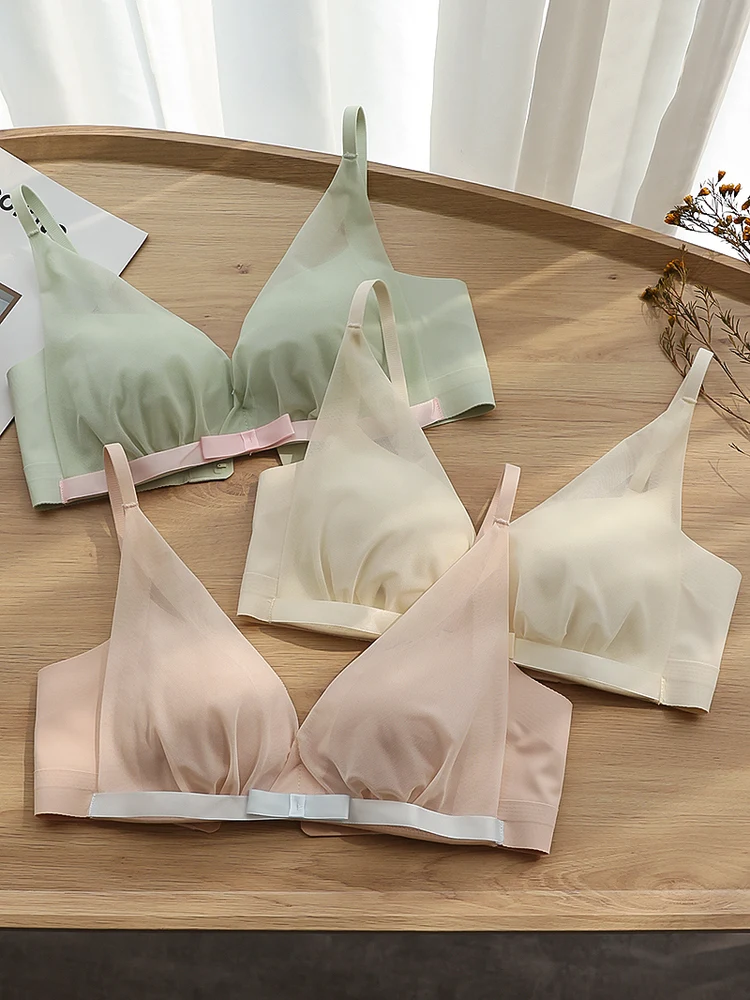 可愛い蝶結びデザインのシフォン素材ブラジャー：ワイヤーなしで軽やかな夏の着用感を実現