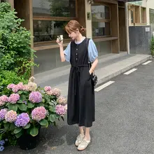黒のコントラストデザイン ワンピース【フィット感とスリム効果・夏用・フランス風】