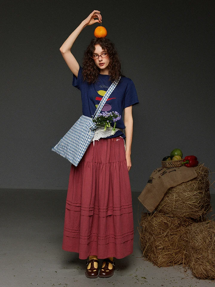 レトロな三色デザインのプリーツAラインスカート【高腰・多層構造・夏用・体型カバー】（セットアップ対応）