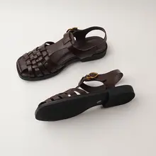 真皮製 イギリス風レトロデザイン 厚底ローマ風サンダル【平底・編み込みデザイン】