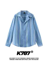 キューバカラーシャツ ユニセックス 長袖 ストライプ シンプル アメカジ ヴィンテージ ルーズ ゆったり 「K787」