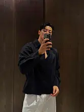 ブルーの長袖シャツ【メンズ・夏用・レトロスタイル・ゆったりシルエット・薄手・防晒機能】