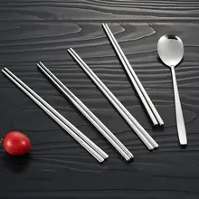 韓国風304ステンレス製フラットな箸【防滑設計・家庭用・焼肉店・レストラン用・スプーンと箸の食器】
