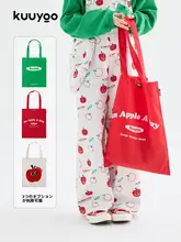キャンバストートバッグ りんごモチーフ シンプル 軽量 大容量 カジュアル ショッピングバッグ 「KUUYOO」