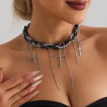 多層チェーン風パール巻きフリンジ吊り下げネックレス【クロスデザイン・セクシーな鎖骨チェーン】