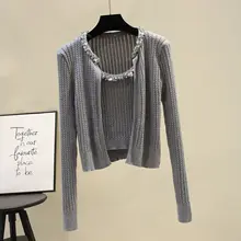 ビーズとリボンデザインの毛ニットカーディガン＆キャミソール【秋冬用・短丈】（セットアップ対応）