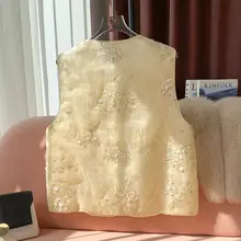 黄色の刺繍入りオーガンジーベスト【シルク・夏用・ノースリーブ】