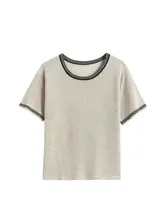 ニットTシャツ レディース リヨセルリネン混 バイカラー刺繍 ひんやり 通気性 薄手 ゆったり 夏