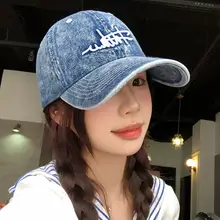 刺繍ロゴのデニムキャップ【女性用・広 brim・ハードバイザー】