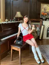 バイカラーVネック短袖Tシャツ【女性用・夏・リボン付き・シルエットを強調】（セットアップ対応）