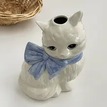 可愛い猫のデザインの陶器花瓶【リボン付き・手描き風】【インテリア装飾用】