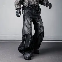廃土風デザインの破損加工ジャンパーパンツ【ワイドレッグ・フレアシルエット・ユニセックス】（セットアップ対応）