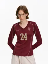 Vネックデジタルプリント長袖Tシャツ【スポーツスタイル・レトロデザイン・女性用・秋春対応】