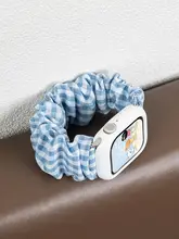 スマートウォッチ バンド レディース Apple Watch用 ナイロン 青白チェック柄 ヘアゴム式 伸縮 スポーツ 夏用 可愛い 上品