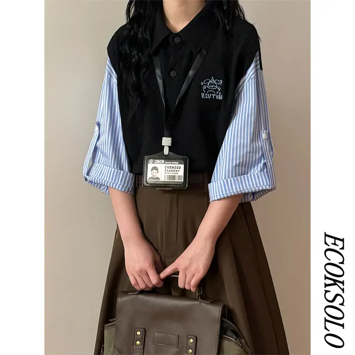 夏季のアメリカンカレッジスタイル！カートゥーン刺繍のデザインシャツ【女性用・トレンドアイテム】（セットアップ対応）